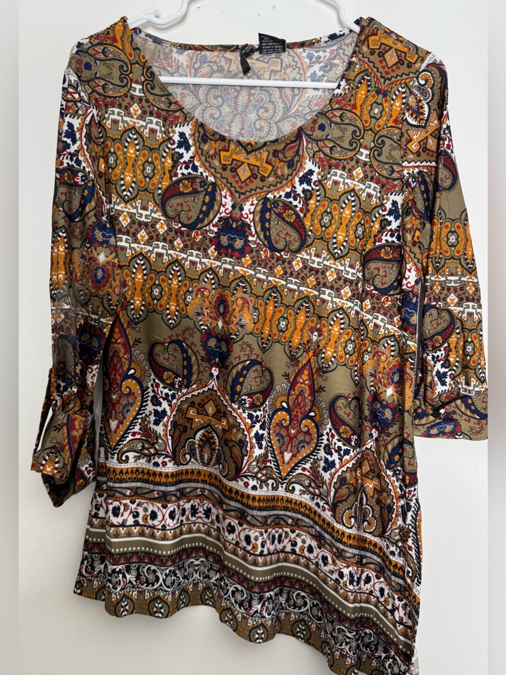 Paisley Print Scoop Neck Women's Top - Olive & Mustard asymmetrical stretch MD